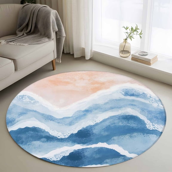 Round Area Rug 3ft, Beach Blue Waves Gradient Water Ripple Non-Slip Non-Shedding Floor Mat, Abstract Geometric Style Washable Sturdy Carpet for Living Room Bedroom Home Decor