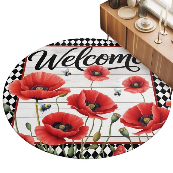 Round Area Rug 3ft Bee Red Poppy Floor Carpets Indoor Floor Area Mat Stain-Proof Mat Circle Rugs for Living Room Dining Room Kitchen Bedroom, Black Diamond Wood Welcome Sofa Throw Carpet