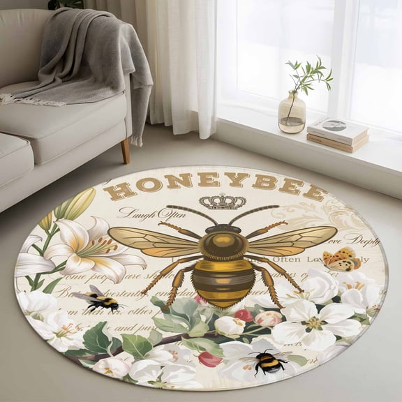 Round Area Rug 3ft Bees Flowers Circle Kitchen Mats Non-Slip Lily Flower Pear Blossom Floral Crown Retro Washable Round Carpet for Kitchen Living Room Bedroom Home Decor