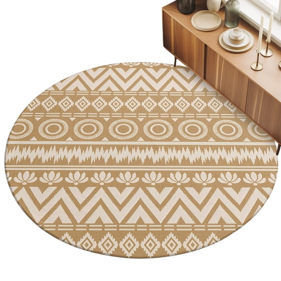 Round Area Rug 3ft Beige Boho Diamonds Floor Carpets Indoor Floor Area Mat Stain-Proof Mat Circle Rugs for Living Room Dining Room Kitchen Bedroom, Bohemian Tribal Zigzags Circles Sofa Throw Carpet