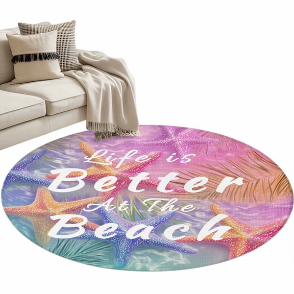 Round Area Rug-3ft Better Beach Life Starfish Non Slip Washable Circle Carpet Soft Large Floor Rugs for Living Room Bedroom Nursery Office
