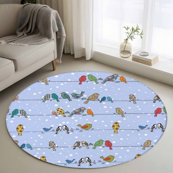 Round Area Rug 3ft, Birds Sparrows on Cables Non-Slip Non-Shedding Floor Mat, White Snow Points Washable Sturdy Carpet for Living Room Bedroom Home Decor