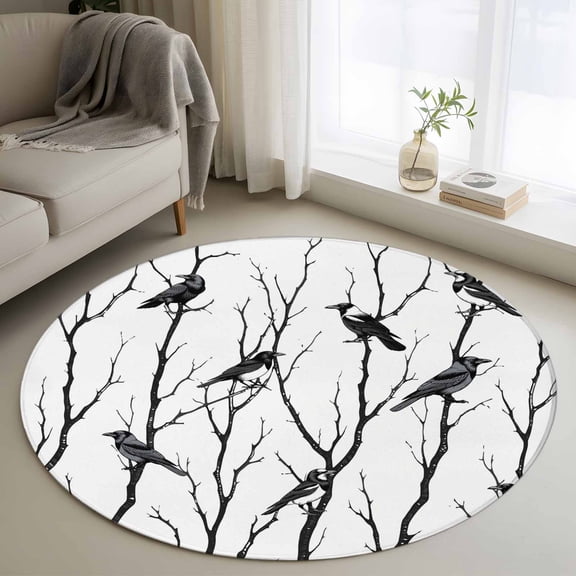 Round Area Rug 3ft,Black Bird on Branch Silhouette Washable Carpet Non-Slip Runner Accent Rugs Indoor Floor Mat for Bedroom Living Room Decor,Abstract Animal Plant Art Painting
