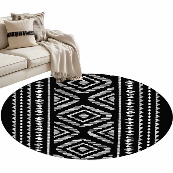Round Area Rug 3ft Black Boho Floor Carpets Indoor Floor Area Mat Stain-Proof Mat Circle Rugs for Living Room Dining Room Kitchen Bedroom, Geometric Tribe Bohemian Style Sofa Throw Carpet