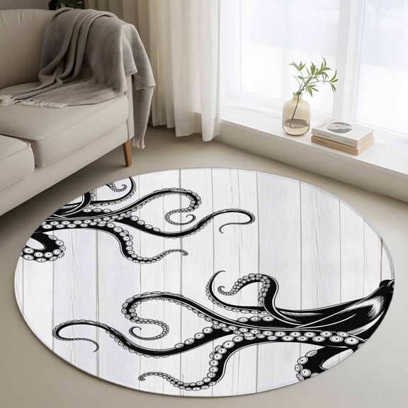 Round Area Rug 3ft, Black Giant Squid Non-Shedding Washable Area Rug, Wood Grain Background Non Slip Low-Profile Circle Rugs for Living Room, Bedroom Dining Room