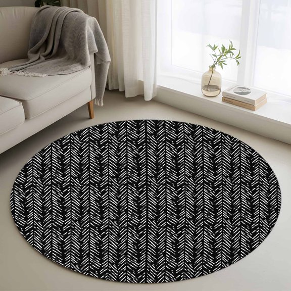 Round Area Rug 3ft,Black Herringbone Art Washable Carpet Non-Slip Runner Accent Rugs Indoor Floor Mat for Bedroom Living Room Decor,Abstract Geometric Striped