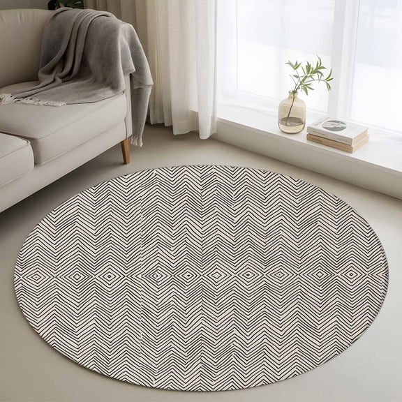 Round Area Rug 3ft, Black Herringbone Retro Linen Non-Slip Non-Shedding Floor Mat, Abstract Geometric Texture Washable Sturdy Carpet for Living Room Bedroom Home Decor