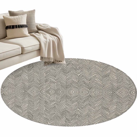 Round Area Rug-3ft Black Herringbone Retro Linen Non Slip Washable Circle Carpet Soft Large Floor Rugs for Living Room Bedroom Nursery Office
