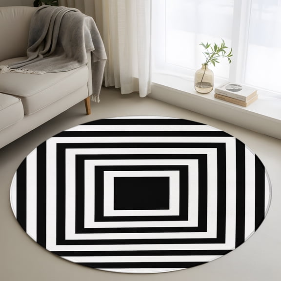 Round Area Rug 3ft Black Line Square Stripes Area Rugs Washable Low Pile Floor Carpet for Bedroom, Modern Minimalist Style Non Slip Soft Rugs for Living Room Entryway Dining Room