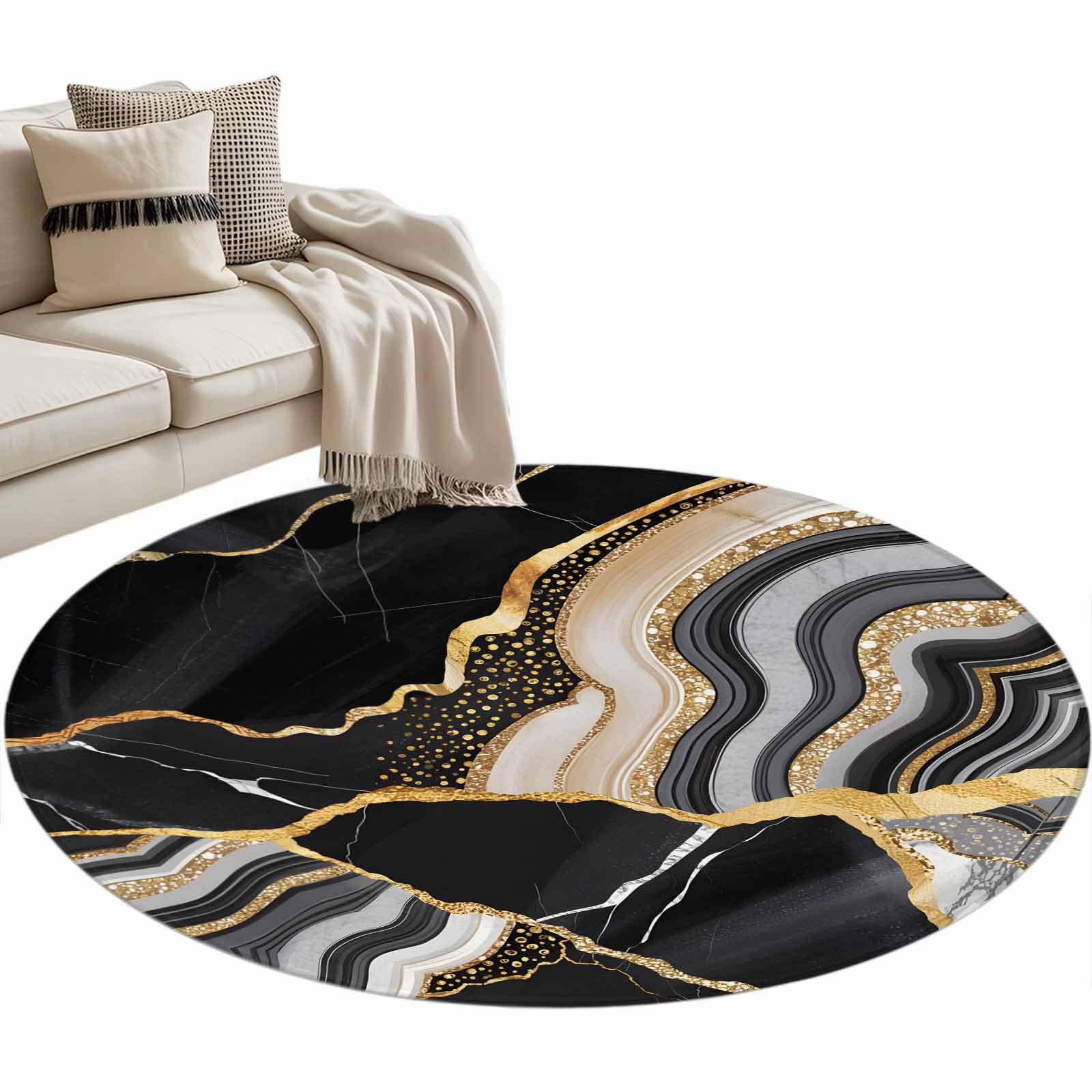Round Area Rug 3ft Black Marble Texture Floor Carpets Indoor Floor Area ...