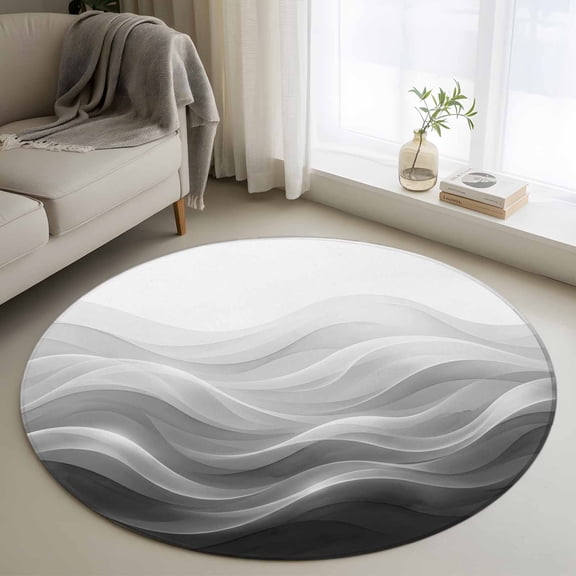 Round Area Rug 3ft, Black White Abstract Waves Non-Slip Non-Shedding Floor Mat, Flowing Lines Washable Sturdy Carpet for Living Room Bedroom Home Decor