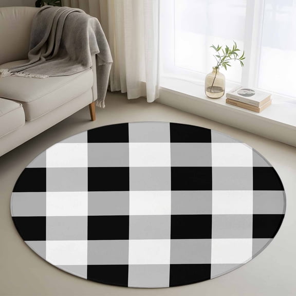 Round Area Rug 3ft Black White Buffalo Plaid Area Rugs Washable Low Pile Floor Carpet for Bedroom, Checkered Gingham Geometric Non Slip Soft Rugs for Living Room Entryway Dining Room