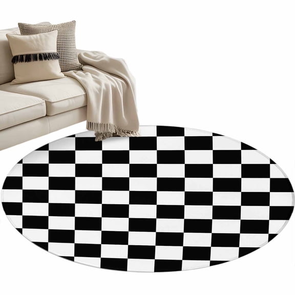 Round Area Rug 3ft, Black and White Buffalo Plaid Non-Slip Non-Shedding Floor Mat, Minimalist Checker Art Washable Sturdy Carpet for Living Room Bedroom Home Decor
