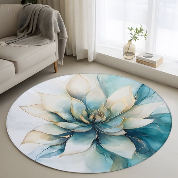 Round Area Rug 3ft, Blooming Flower White Lotus Non-Slip Non-Shedding Floor Mat, Abstract Marble Texture Washable Sturdy Carpet for Living Room Bedroom Home Decor