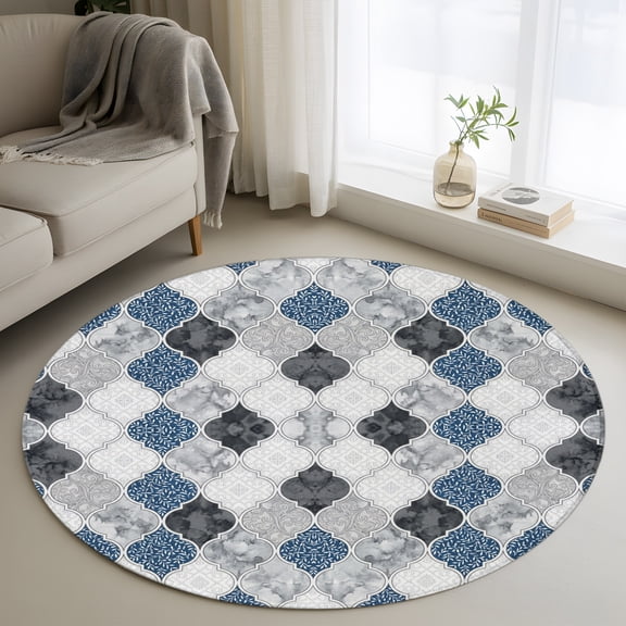 Round Area Rug 3ft, Blue Black Gray Moroccan Pattern Non-Slip Non-Shedding Floor Mat, Quatrefoil Medallion Washable Sturdy Carpet for Living Room Bedroom Home Decor