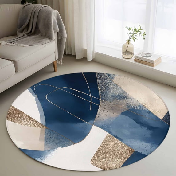 Round Area Rug 3ft, Blue Block Abstract Geometric Non-Shedding Washable Area Rug, Gold Foil Ombre Gradient Non Slip Low-Profile Circle Rugs for Living Room, Bedroom Dining Room