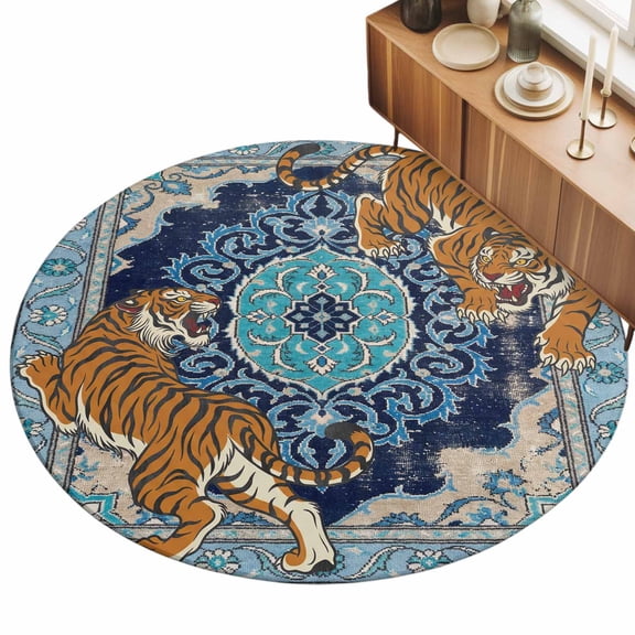 Round Area Rug 3ft Blue Boho Tiger Floor Carpets Indoor Floor Area Mat Stain-Proof Mat Circle Rugs for Living Room Dining Room Kitchen Bedroom, Bohemian Animal Print Sofa Throw Carpet