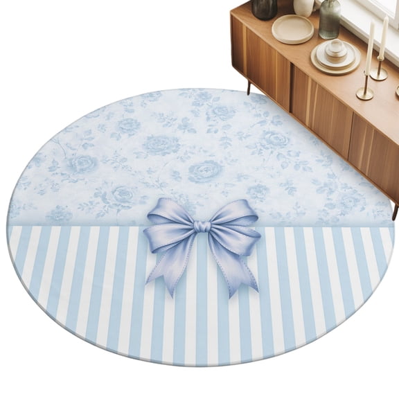 Round Area Rug 3ft Blue Bow Tie Floor Carpets Indoor Floor Area Mat Stain-Proof Mat Circle Rugs for Living Room Dining Room Kitchen Bedroom, Knot Floral Stripes Sofa Throw Carpet