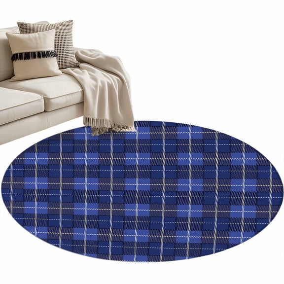Round Area Rug 3ft Blue Check Plaid Floor Carpets Indoor Floor Area Mat Stain-Proof Mat Circle Rugs for Living Room Dining Room Kitchen Bedroom, Geometric Pattern Sofa Throw Carpet
