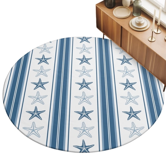 Round Area Rug 3ft Blue Coastal Starfish Floor Carpets Indoor Floor Area Mat Stain-Proof Mat Circle Rugs for Living Room Dining Room Kitchen Bedroom, Nautical Vertical Stripes Sofa Throw Carpet