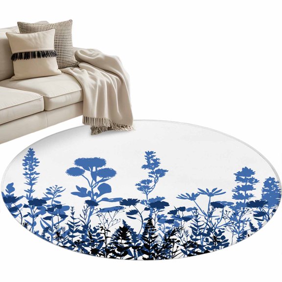 Round Area Rug 3ft Blue Herb Floor Carpets Indoor Floor Area Mat Stain-Proof Mat Circle Rugs for Living Room Dining Room Kitchen Bedroom, Floral Leaves Plant Sofa Throw Carpet