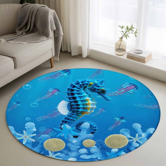 Round Area Rug 3ft,Blue Hippocampus Corals Seahorse Shells Washable Carpet Non-Slip Runner Accent Rugs Indoor Floor Mat for Bedroom Living Room Decor,Sum Marine Life