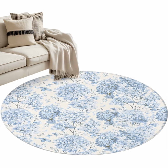 Round Area Rug 3ft Blue Hydrangea Floor Carpets Indoor Floor Area Mat Stain-Proof Mat Circle Rugs for Living Room Dining Room Kitchen Bedroom, Spring Flower Leaf Sofa Throw Carpet
