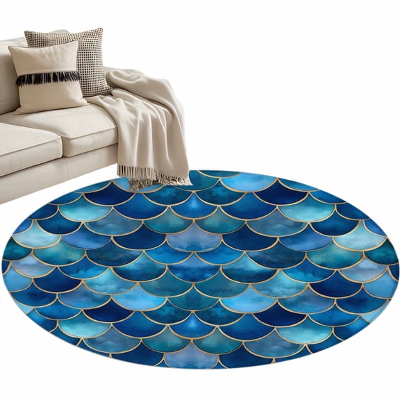 Round Area Rug 3ft Blue Mermaid Scales Floor Carpets Indoor Floor Area Mat Stain-Proof Mat Circle Rugs for Living Room Dining Room Kitchen Bedroom, Gold Waves Lines Sofa Throw Carpet