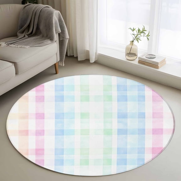 Round Area Rug 3ft, Blue Pink Plaid Non-slip Area Rugs for Living Room/Bedroom/Bathroom/Kitchen, Pastel Green White Buffalo Patchwork Washable Throw Floor Mat Indoor Outdoor Entrance Doormat