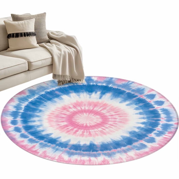 Round Area Rug 3ft Blue Pink Tie Dye Floor Carpets Indoor Floor Area Mat Stain-Proof Mat Circle Rugs for Living Room Dining Room Kitchen Bedroom, Bohemian Tribal Style Sofa Throw Carpet