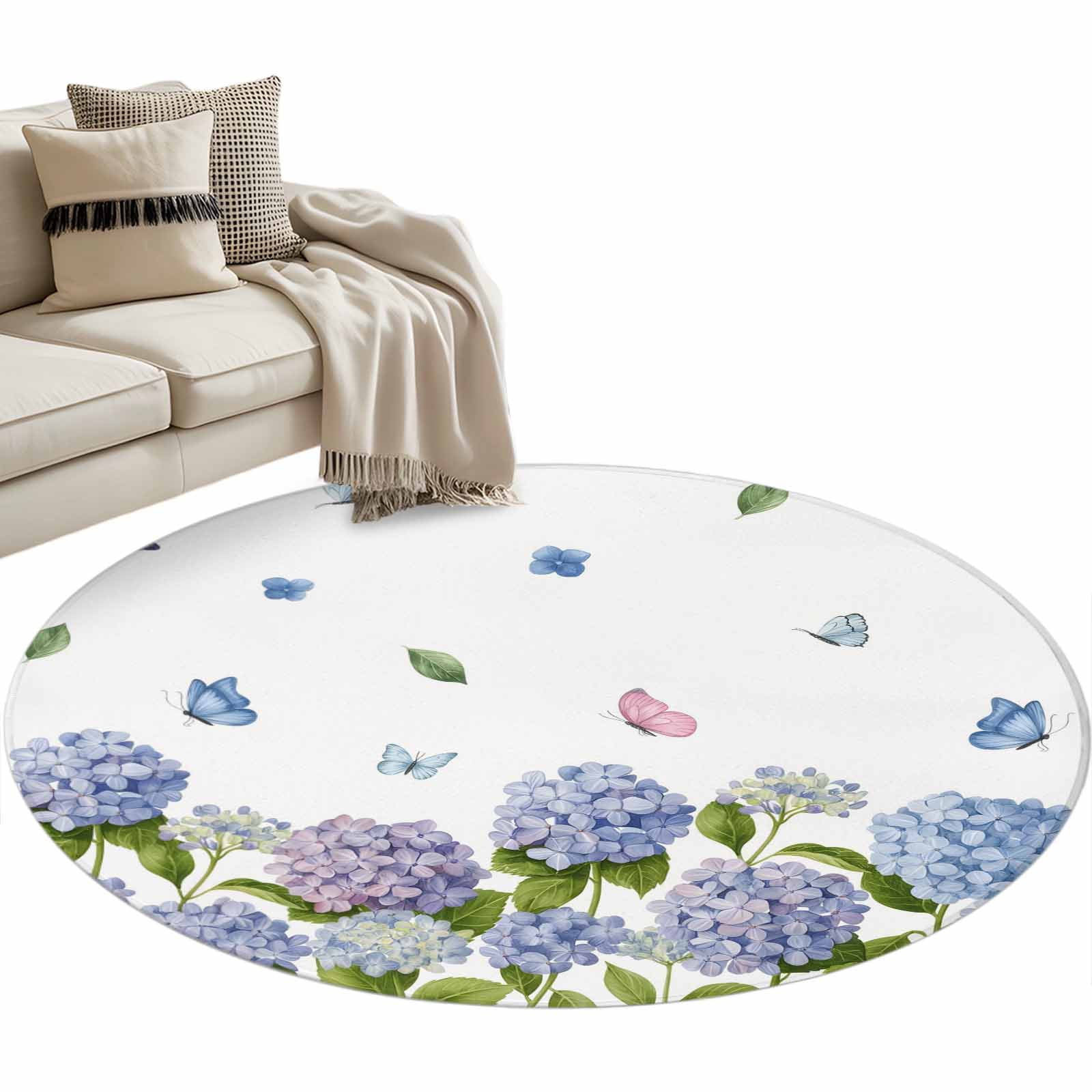 Round Area Rug 3ft Blue Purple Hydrangeas Floor Carpets Indoor Floor ...