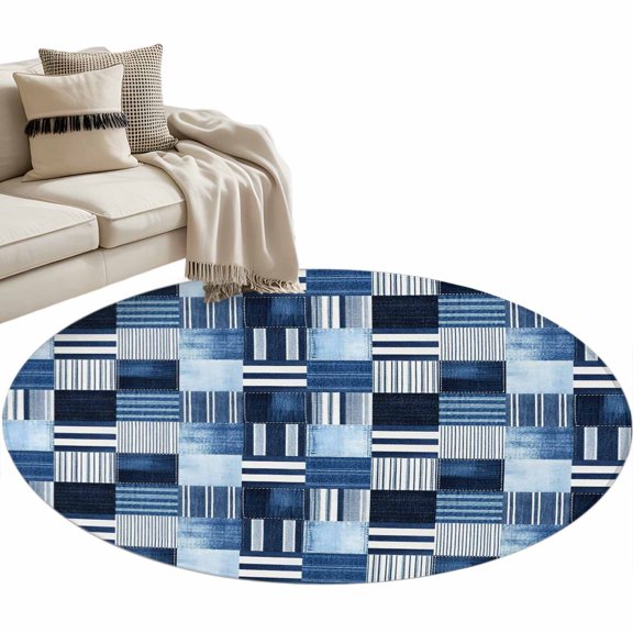 Round Area Rug 3ft, Blue Stripe Plaid Gingham Check Non-Slip Non-Shedding Floor Mat, Abstract Geometric Washable Sturdy Carpet for Living Room Bedroom Home Decor