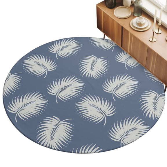 Round Area Rug 3ft Blue Tropical Leaves Floor Carpets Indoor Floor Area Mat Stain-Proof Mat Circle Rugs for Living Room Dining Room Kitchen Bedroom, Palm Fronds Leaf Sofa Throw Carpet