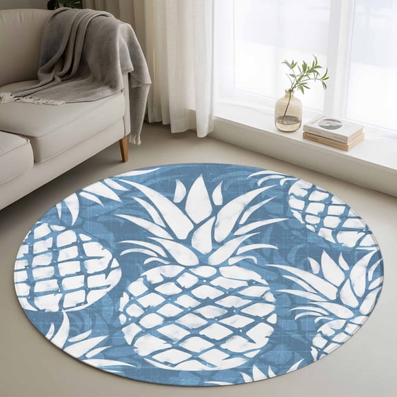 Round Area Rug 3ft, Blue White Pineapple Non-Slip Non-Shedding Floor Mat, Minimalist Fruit Pattern Washable Sturdy Carpet for Living Room Bedroom Home Decor