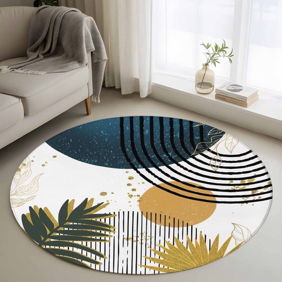 Round Area Rug 3ft,Bohemian Blue Polka Dot Tropical Plants Washable Carpet Non-Slip Runner Accent Rugs Indoor Floor Mat for Bedroom Living Room Decor,Abstract Art