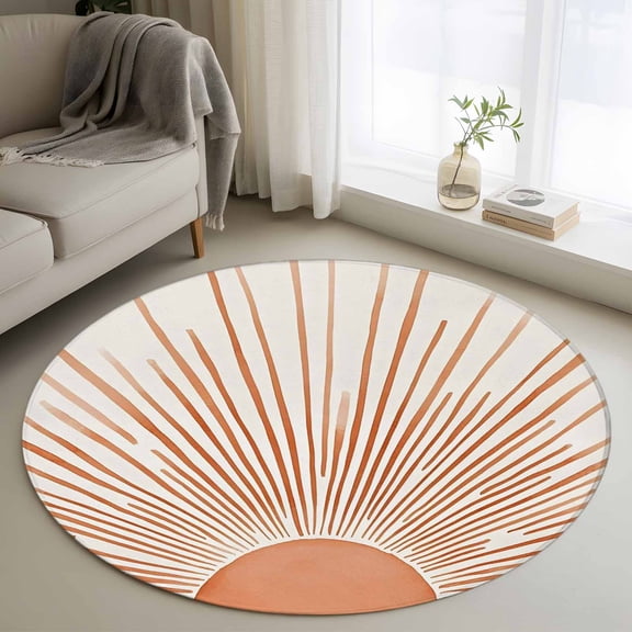Round Area Rug 3ft,Bohemian Orange Sun Light Washable Carpet Non-Slip Runner Accent Rugs Indoor Floor Mat for Bedroom Living Room Decor,Abstract Minimalism Art