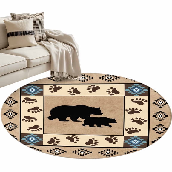 Round Area Rug 3ft Boho Bear Floor Carpets Indoor Floor Area Mat Stain-Proof Mat Circle Rugs for Living Room Dining Room Kitchen Bedroom, Animal Paw Retro Bohemian Sofa Throw Carpet