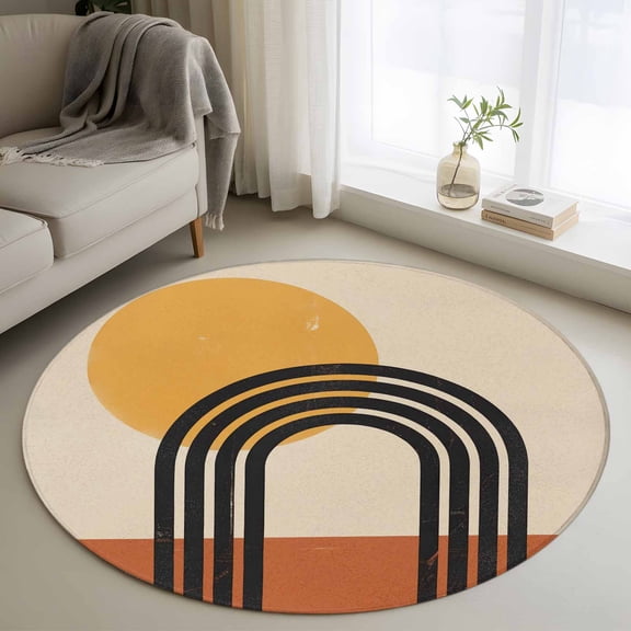 Round Area Rug 3ft,Boho Black Arch Sun Texture Washable Carpet Non-Slip Runner Accent Rugs Indoor Floor Mat for Bedroom Living Room Decor,Orange Beige Color Block