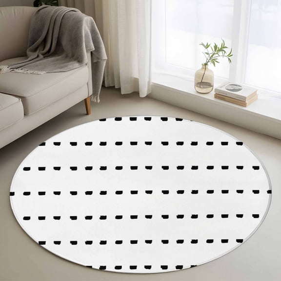Round Area Rug 3ft, Boho Black Geometric Dots on White Non-Slip Non-Shedding Floor Mat, Modern Simplistic Style Washable Sturdy Carpet for Living Room Bedroom Home Decor