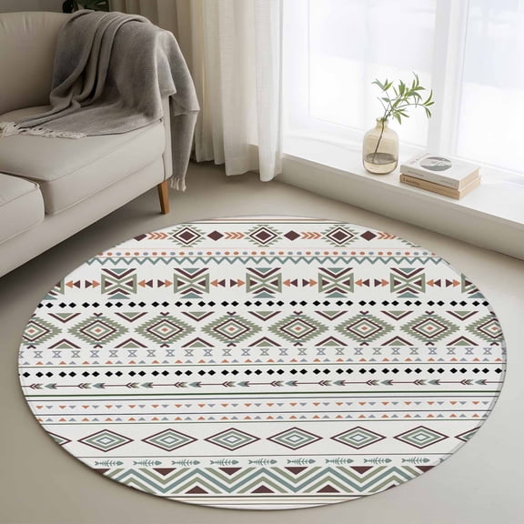 Round Area Rug 3ft Boho Ethnic Geometric Texture Area Rugs Washable Low Pile Floor Carpet for Bedroom, Abstract Modern Square Non Slip Soft Rugs for Living Room Entryway Dining Room
