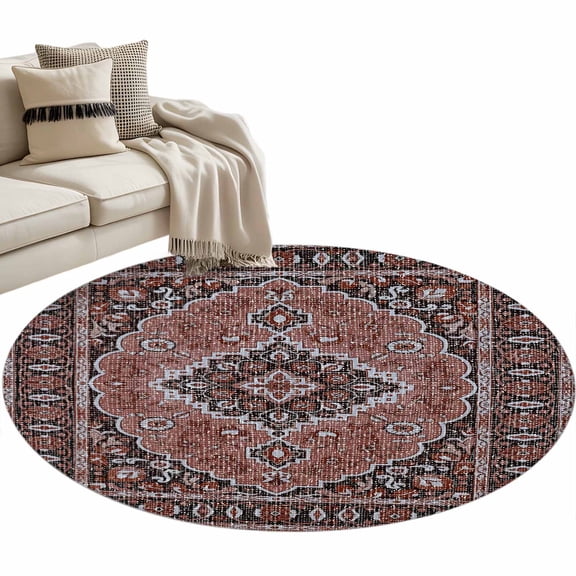 Round Area Rug 3ft Boho Flower Floor Carpets Indoor Floor Area Mat Stain-Proof Mat Circle Rugs for Living Room Dining Room Kitchen Bedroom, Red Bohemia Geometric Tribal Sofa Throw Carpet