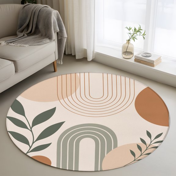 Round Area Rug 3ft Boho Mid-Century Arch Leaves Area Rugs Washable Low Pile Floor Carpet for Bedroom, Abstract Geometric Pattern Non Slip Soft Rugs for Living Room Entryway Dining Room