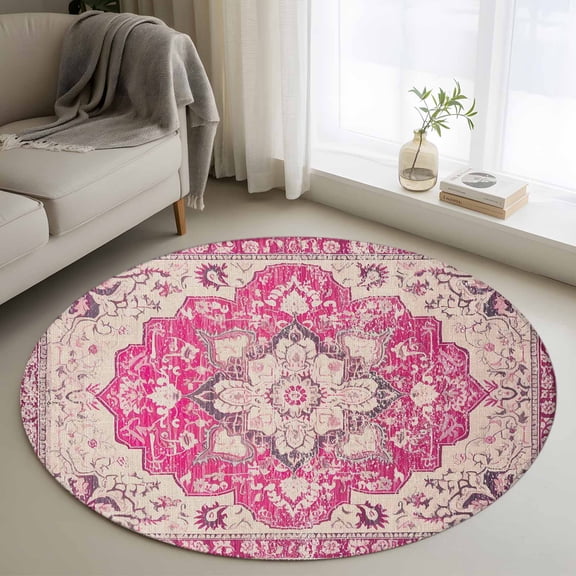 Round Area Rug 3ft, Boho Pink Non-slip Area Rugs for Living Room/Bedroom/Bathroom/Kitchen, Middle Century Boho Geometric Abstract Southwestern Washable Throw Floor Mat Indoor Outdoor Entrance Doormat