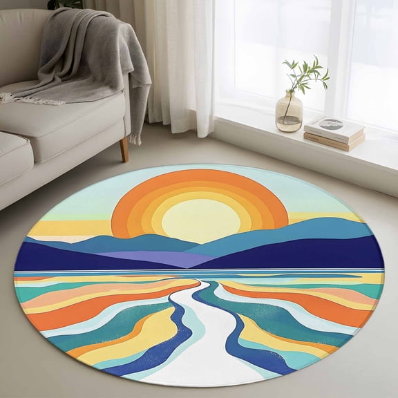 Round Area Rug 3ft,Boho Sun Mountain River Washable Carpet Non-Slip Runner Accent Rugs Indoor Floor Mat for Bedroom Living Room Decor,Color Stripe Abstract Art