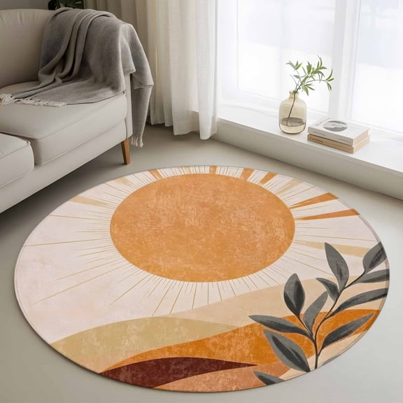 Round Area Rug 3ft,Boho Sun Mountains Abstract Leaves Washable Carpet Non-Slip Runner Accent Rugs Indoor Floor Mat for Bedroom Living Room Decor,Mid Century Retro Style