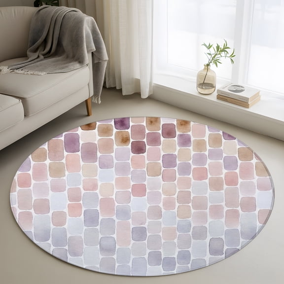 Round Area Rug 3ft Boho Watercolor Squares Area Rugs Washable Low Pile Floor Carpet for Bedroom, Brown Purple Gradient Non Slip Soft Rugs for Living Room Entryway Dining Room