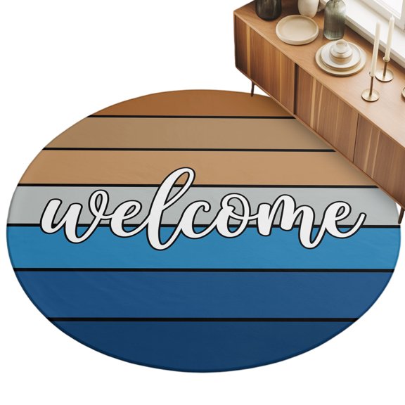 Round Area Rug 3ft Brown Blue Stripes Floor Carpets Indoor Floor Area Mat Stain-Proof Mat Circle Rugs for Living Room Dining Room Kitchen Bedroom, Wood Striped Welcome Sofa Throw Carpet