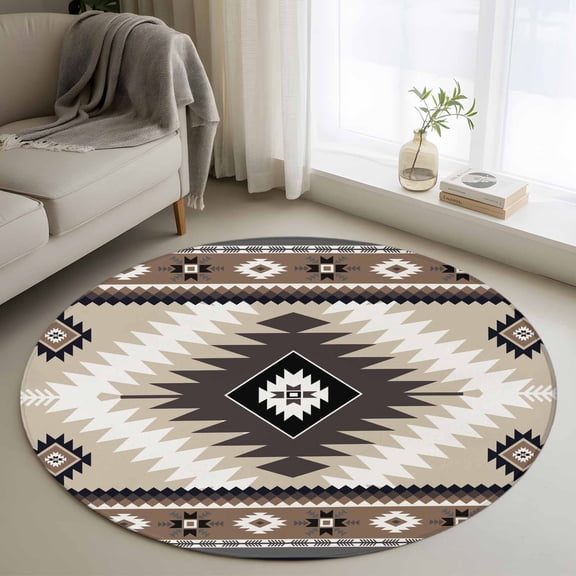 Round Area Rug 3ft,Brown Boho Aztec Geometric Washable Carpet Non-Slip Runner Accent Rugs Indoor Floor Mat for Bedroom Living Room Decor,Farm Ethnic Southwest Wind