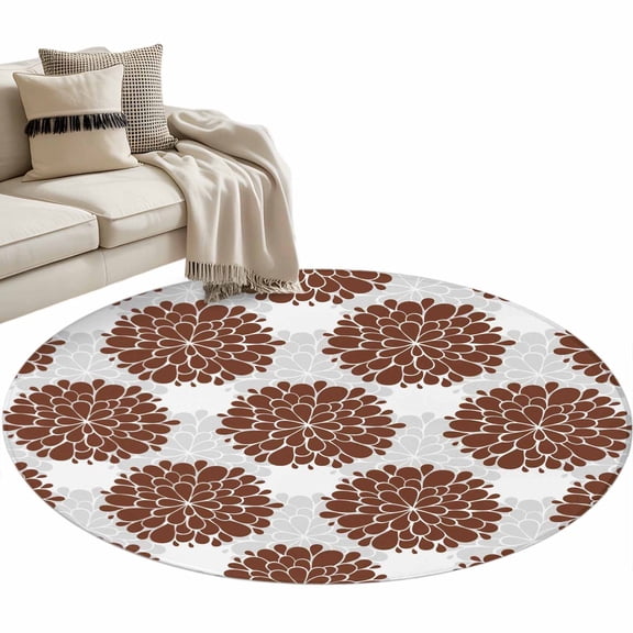 Round Area Rug 3ft Brown Dahlia Flowers Floor Carpets Indoor Floor Area Mat Stain-Proof Mat Circle Rugs for Living Room Dining Room Kitchen Bedroom, Grey Floral Sofa Throw Carpet