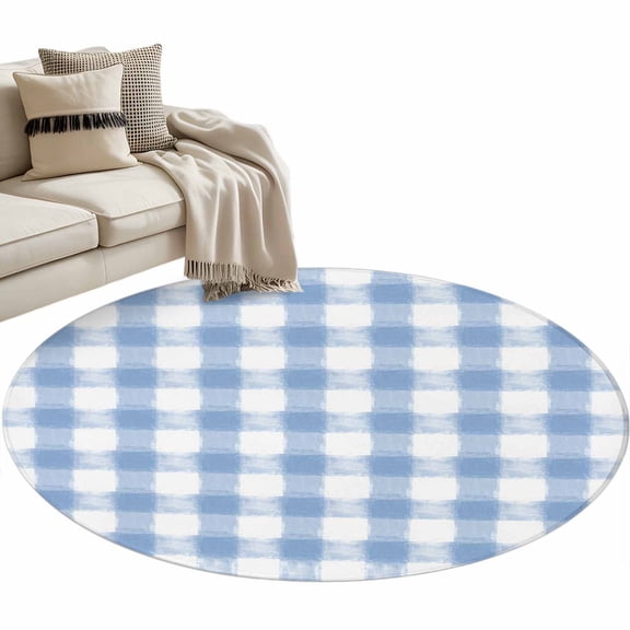 Round Area Rug 3ft Buffalo Check Watercolor Blue Floor Carpets Indoor Floor Area Mat Stain-Proof Mat Circle Rugs for Living Room Dining Room Kitchen Bedroom, Plaid Farmhouse Sofa Throw Carpet